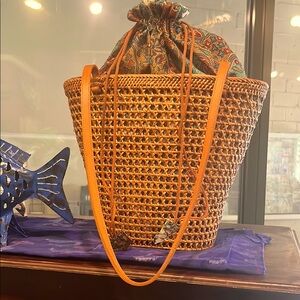 Woven Rattan Bag with Paisley Print inside